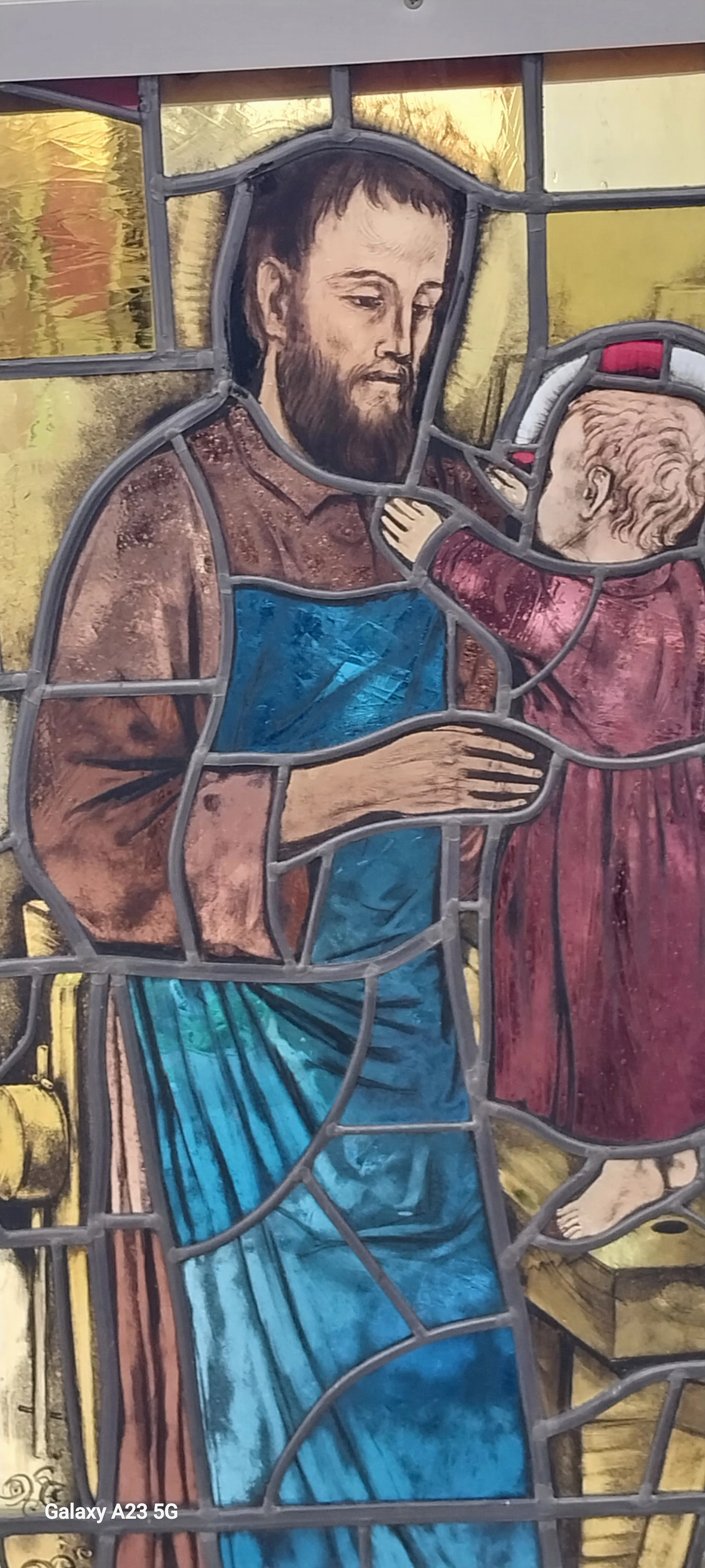 LARGE JOSEPH AND JESUS  STAINED GLASS  WINDOW BY BELGIAN ARTIST JAN WOUTERS