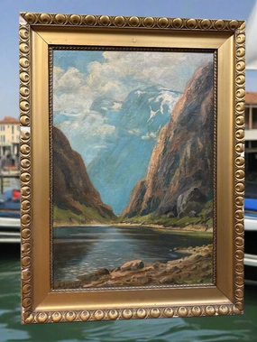 LARGE MOUNTAIN SCENE FJORD OIL PAINTING IN GOLD FRAME BY H. ANDERSON artistic wall mural