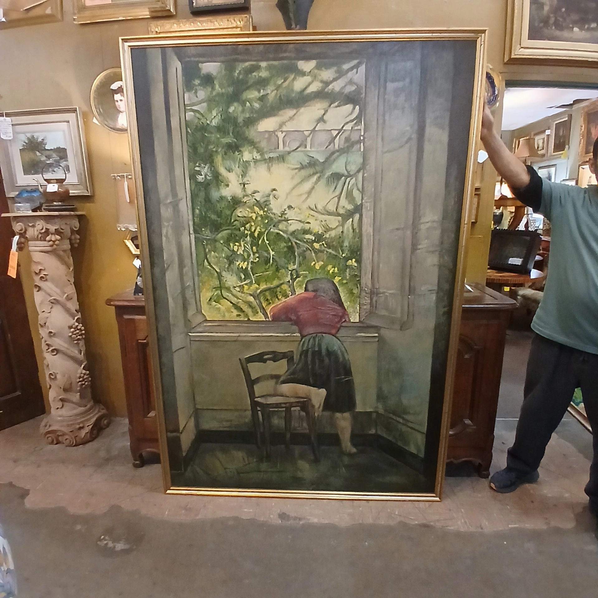 LARGE OIL PAINTING OF A GIRL BY THE WINDOW -AFTER BALTHUS