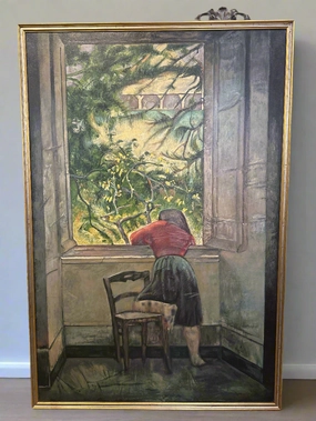 LARGE OIL PAINTING OF A GIRL BY THE WINDOW -AFTER BALTHUS artistic wall mural