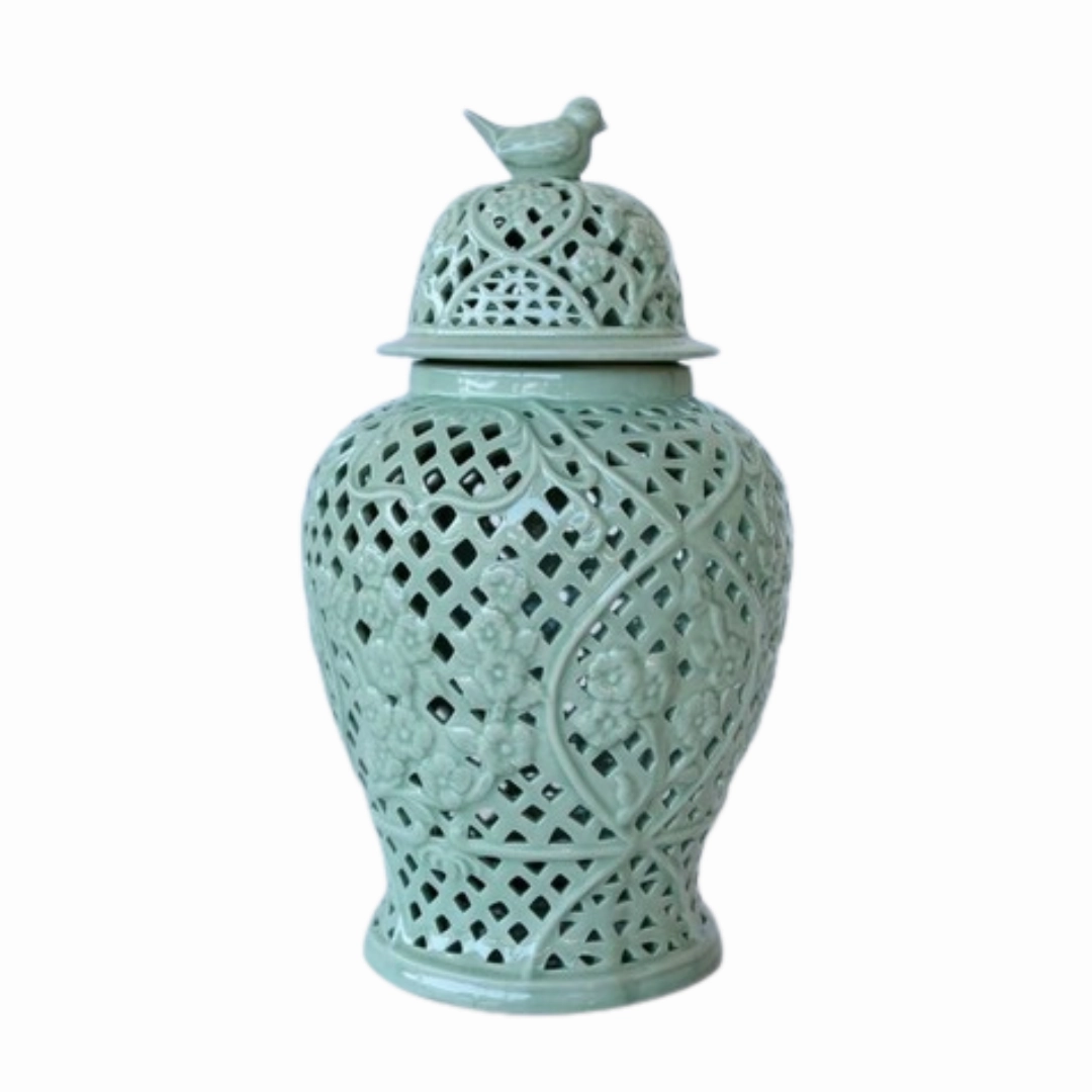 Large Pale Green Cut Out Ginger Jar With Bird Lid 45X28cm