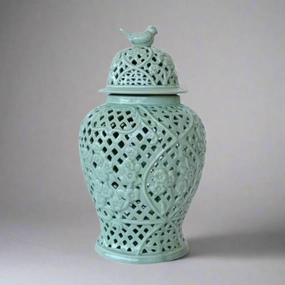 Large Pale Green Cut Out Ginger Jar With Bird Lid 45X28cm decorative home ornament
