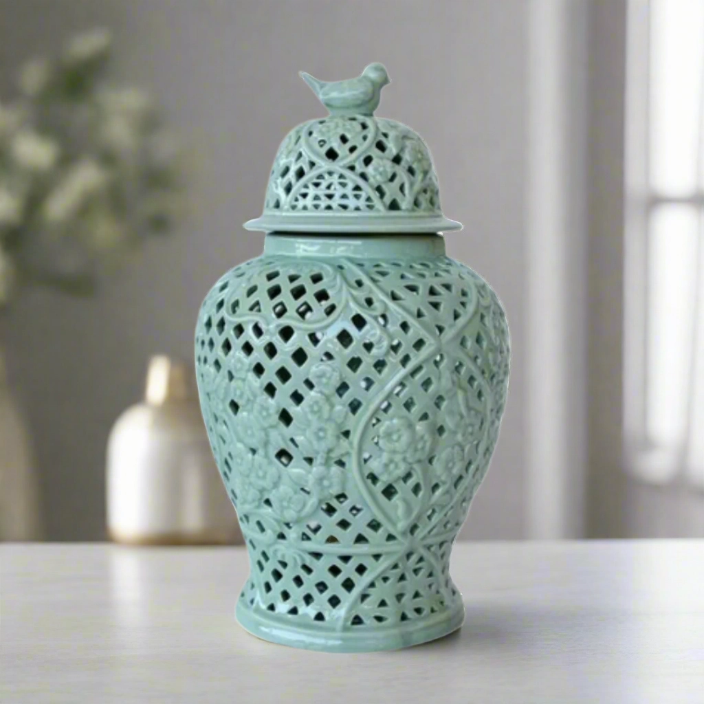 Large Pale Green Cut Out Ginger Jar With Bird Lid 45X28cm