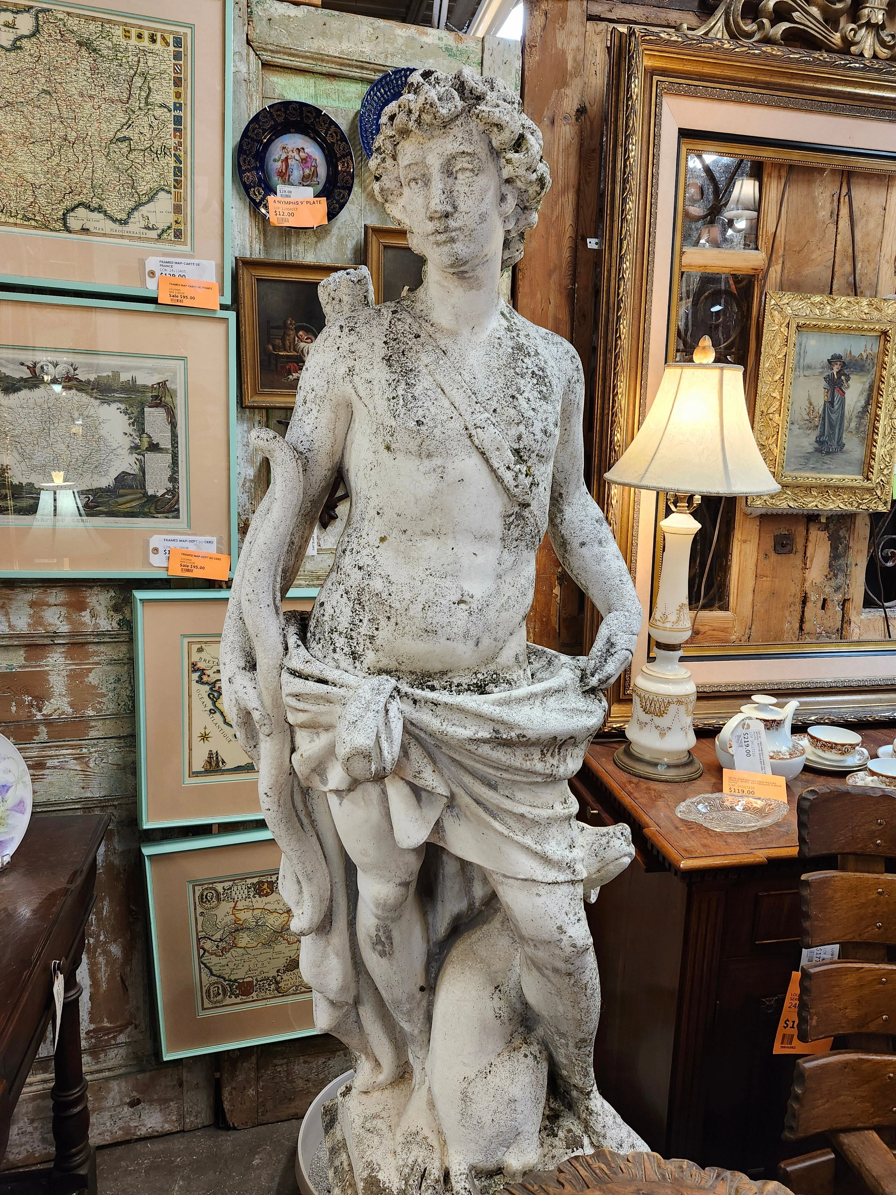 LARGE ROMAN HUNTER CONCRETE STATUE ON PEDESTAL artistic wall mural