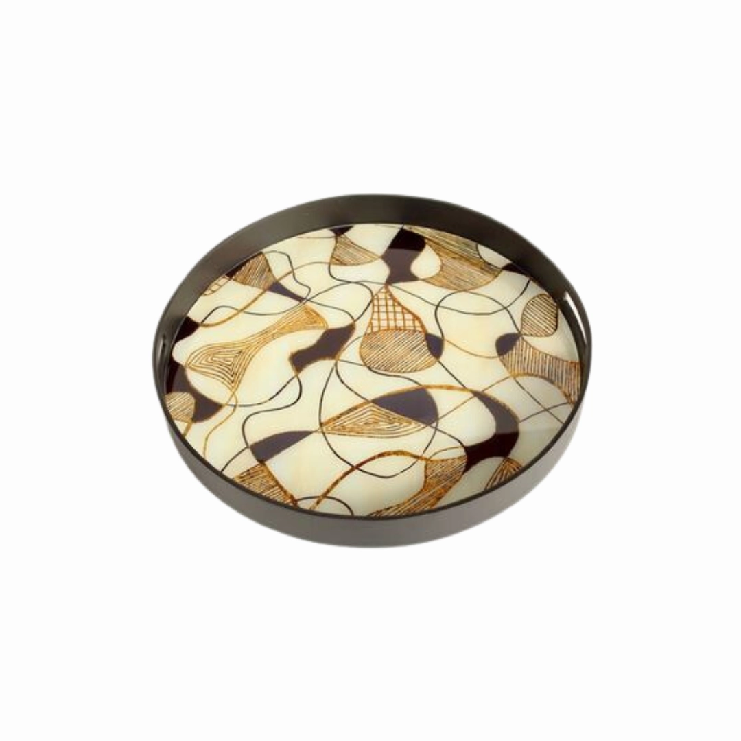 LARGE ROUND BLACK, WHITE & GOLD TRAY 6X49.5CM decorative home ornament
