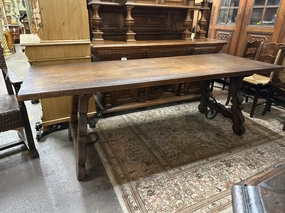 LARGE SPANISH ASH TRESTLE TABLE WITH IRON STRETCHER artistic wall mural