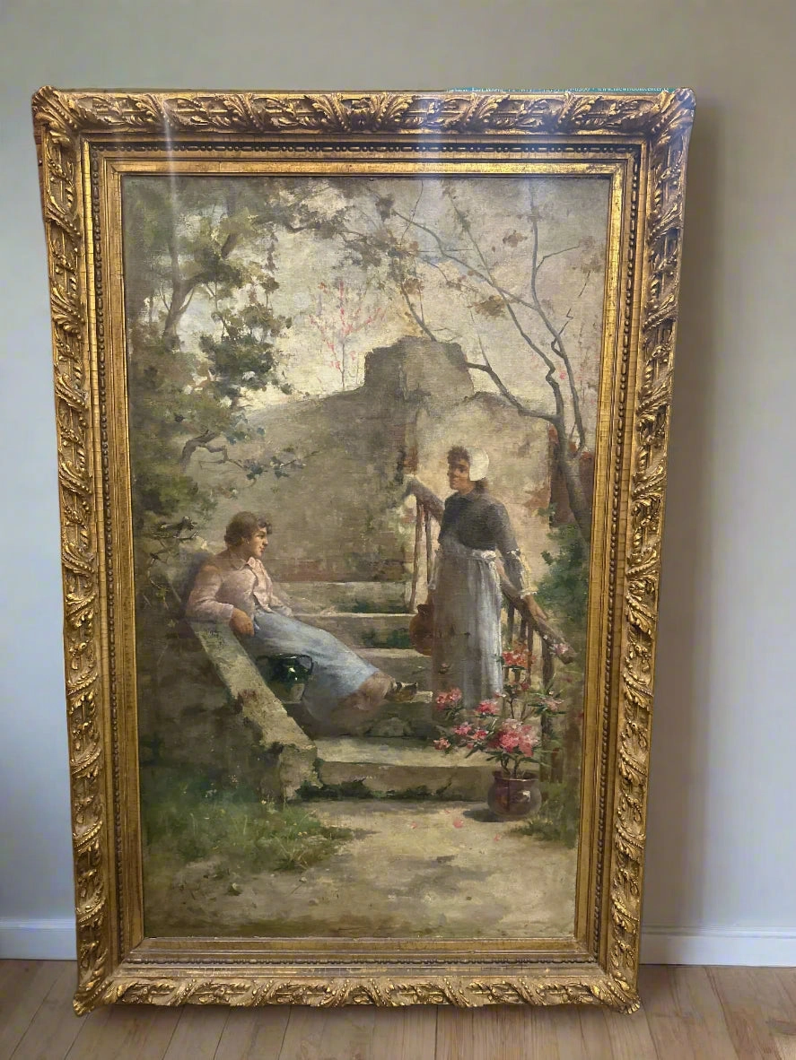 LARGE  VERTICAL OIL PAINTING WITH 2 WOMEN CONVERSING ON STAIRS artistic wall mural
