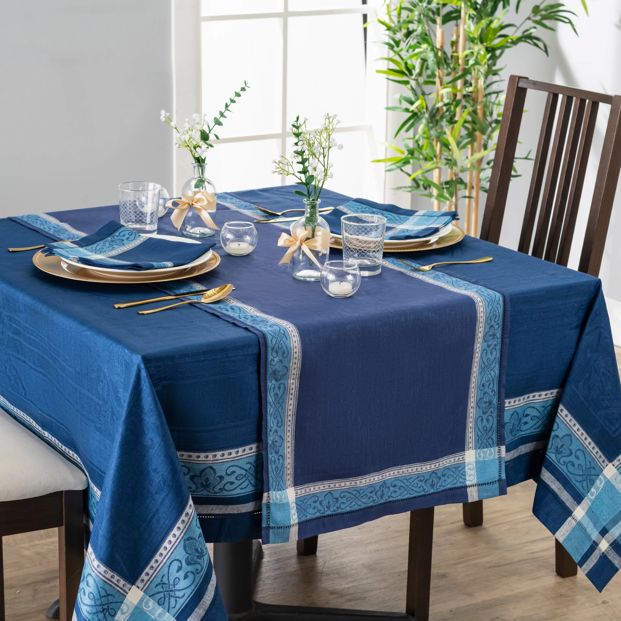 Linen Extra Long Rectangular Astra Tablecloth, Shades of Blue