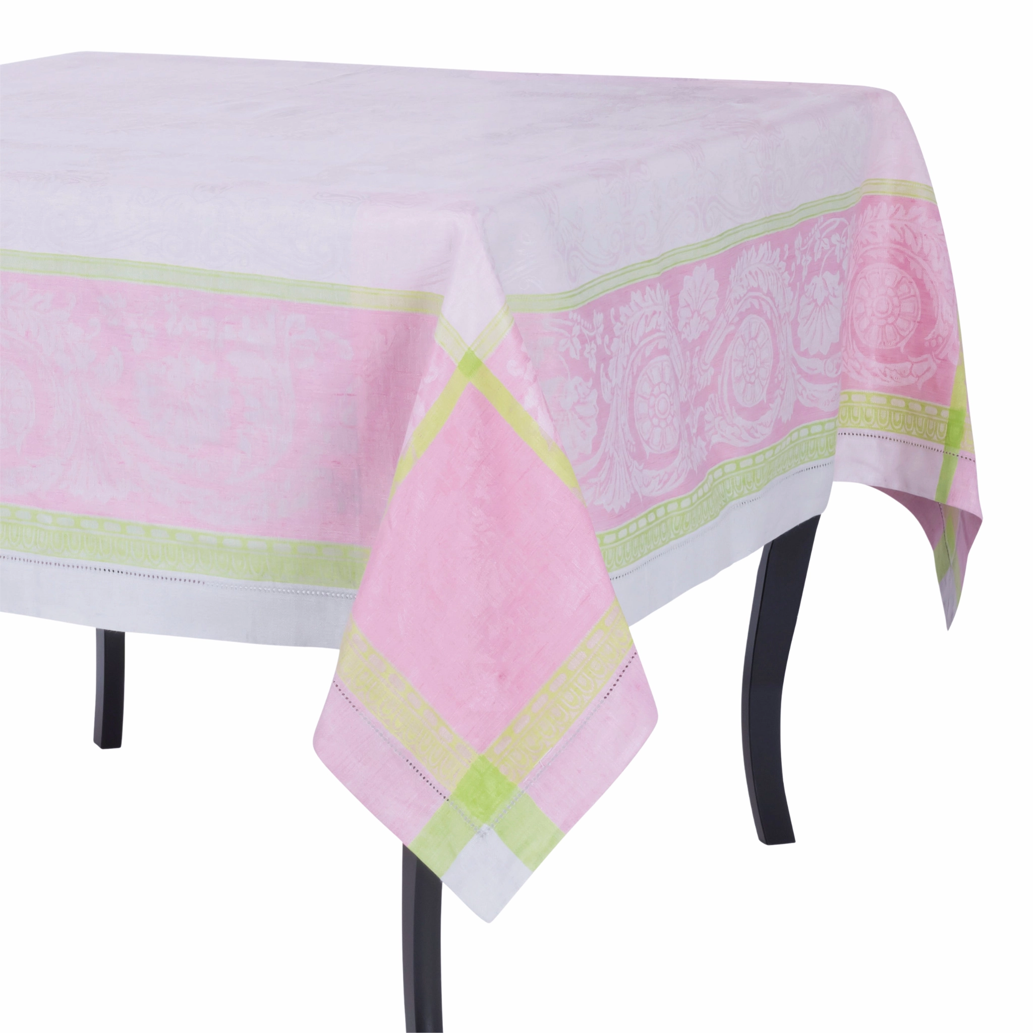 Linen Rectangular Cleopatra Tablecloth - Chartreuse, Rose, and Pale Lavender