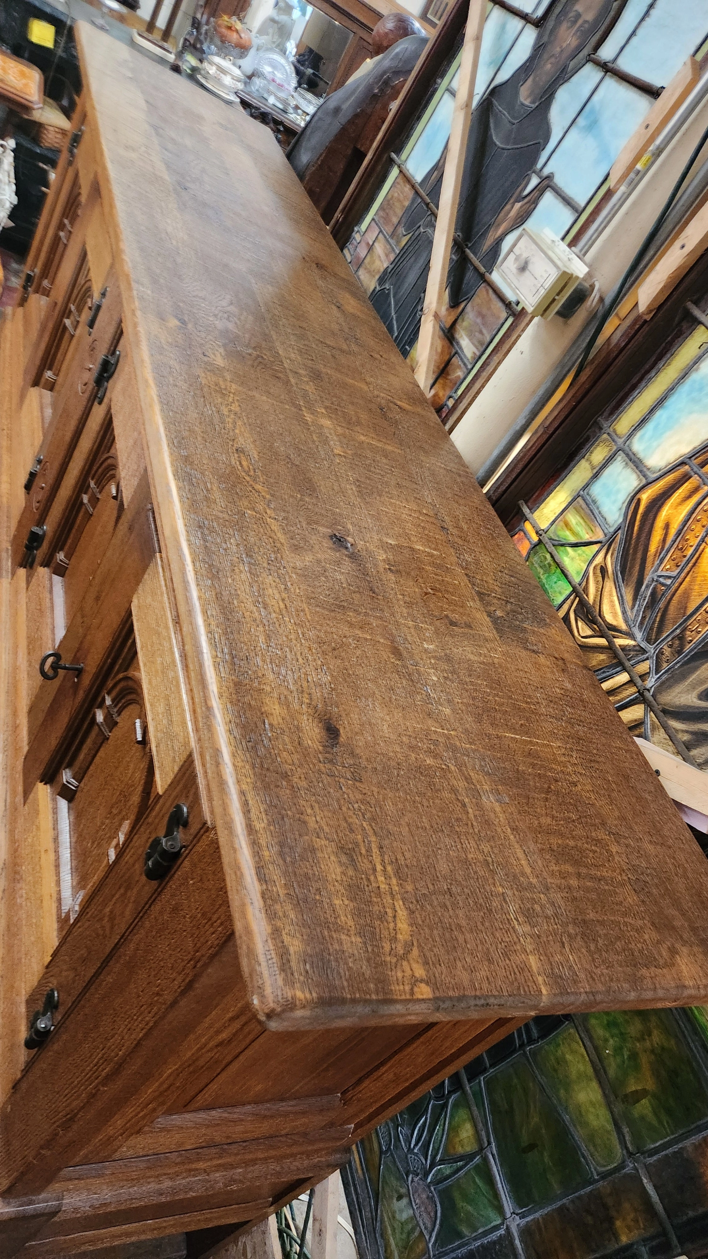 LONG 4 DOOR RUSTIC ARCH DOOR OAK CABINET ON LEGS