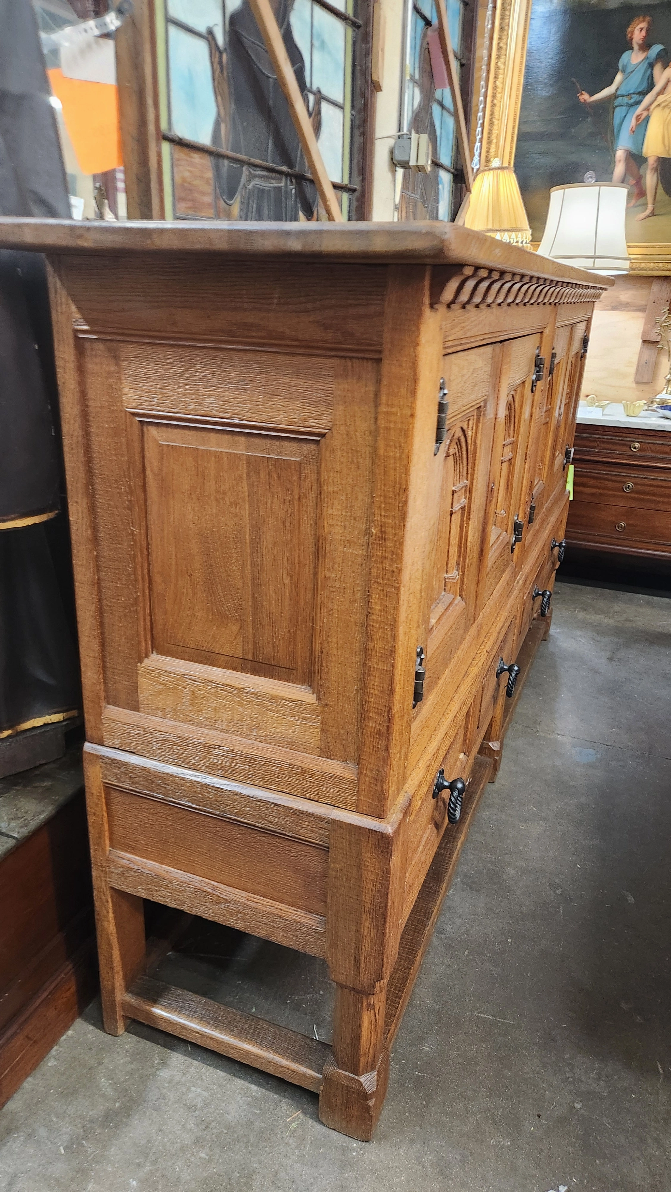 LONG 4 DOOR RUSTIC ARCH DOOR OAK CABINET ON LEGS