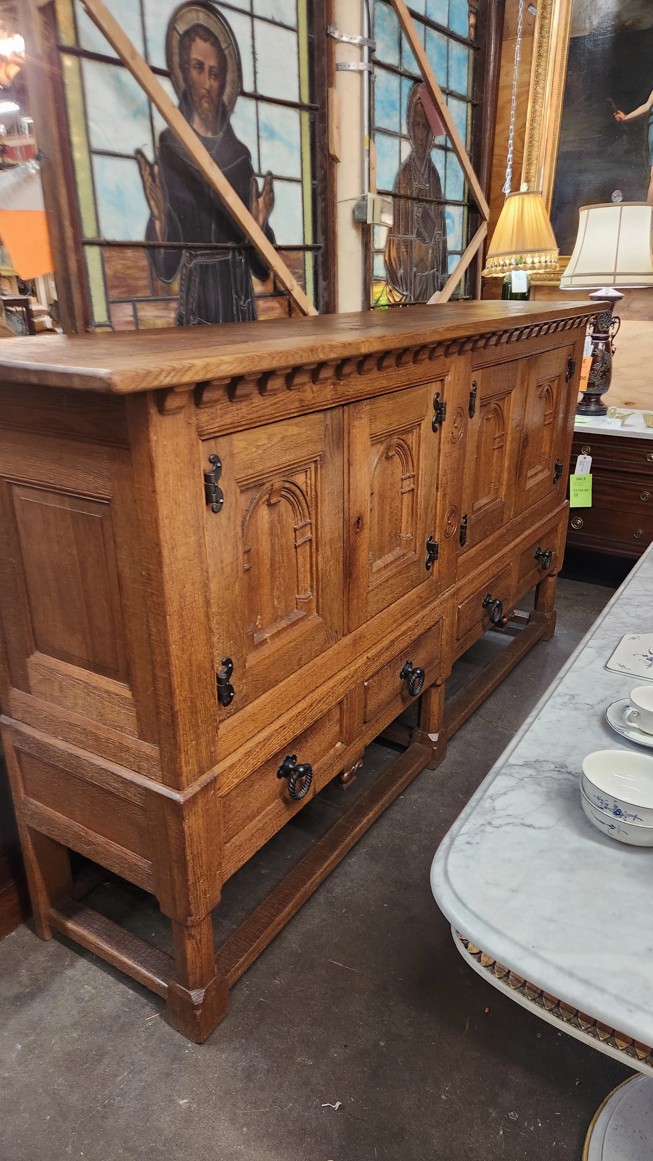 LONG 4 DOOR RUSTIC ARCH DOOR OAK CABINET ON LEGS