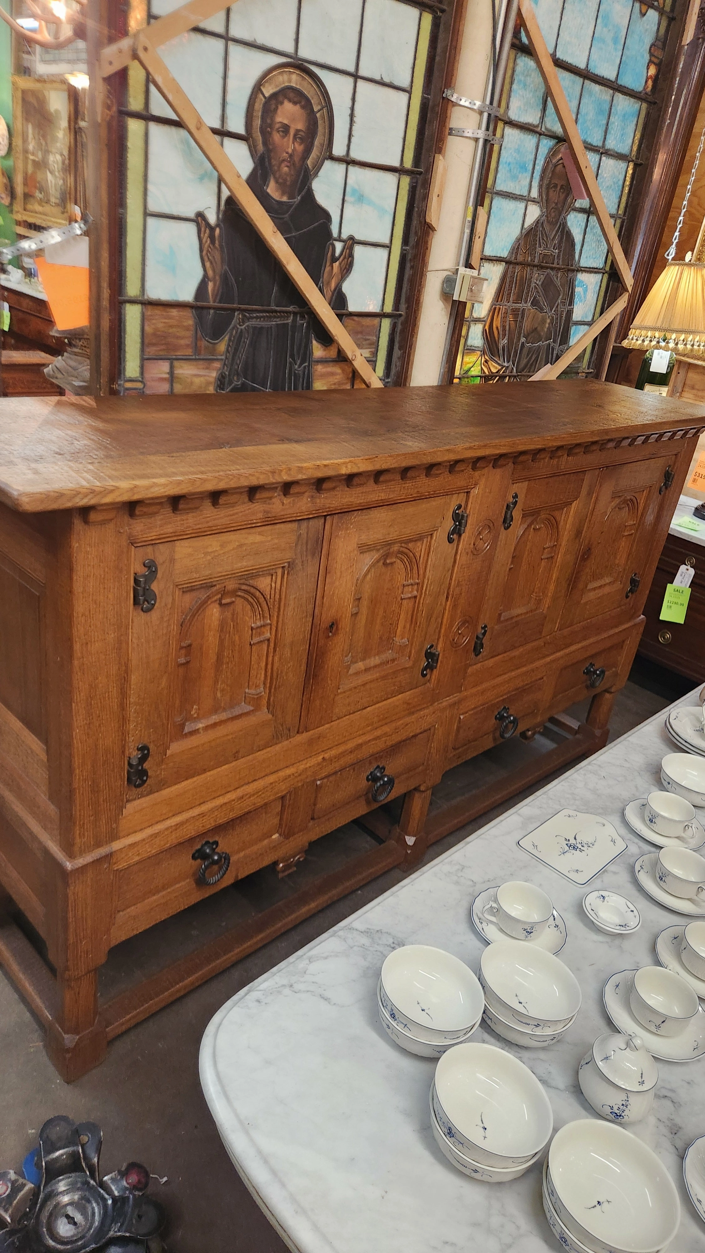 LONG 4 DOOR RUSTIC ARCH DOOR OAK CABINET ON LEGS