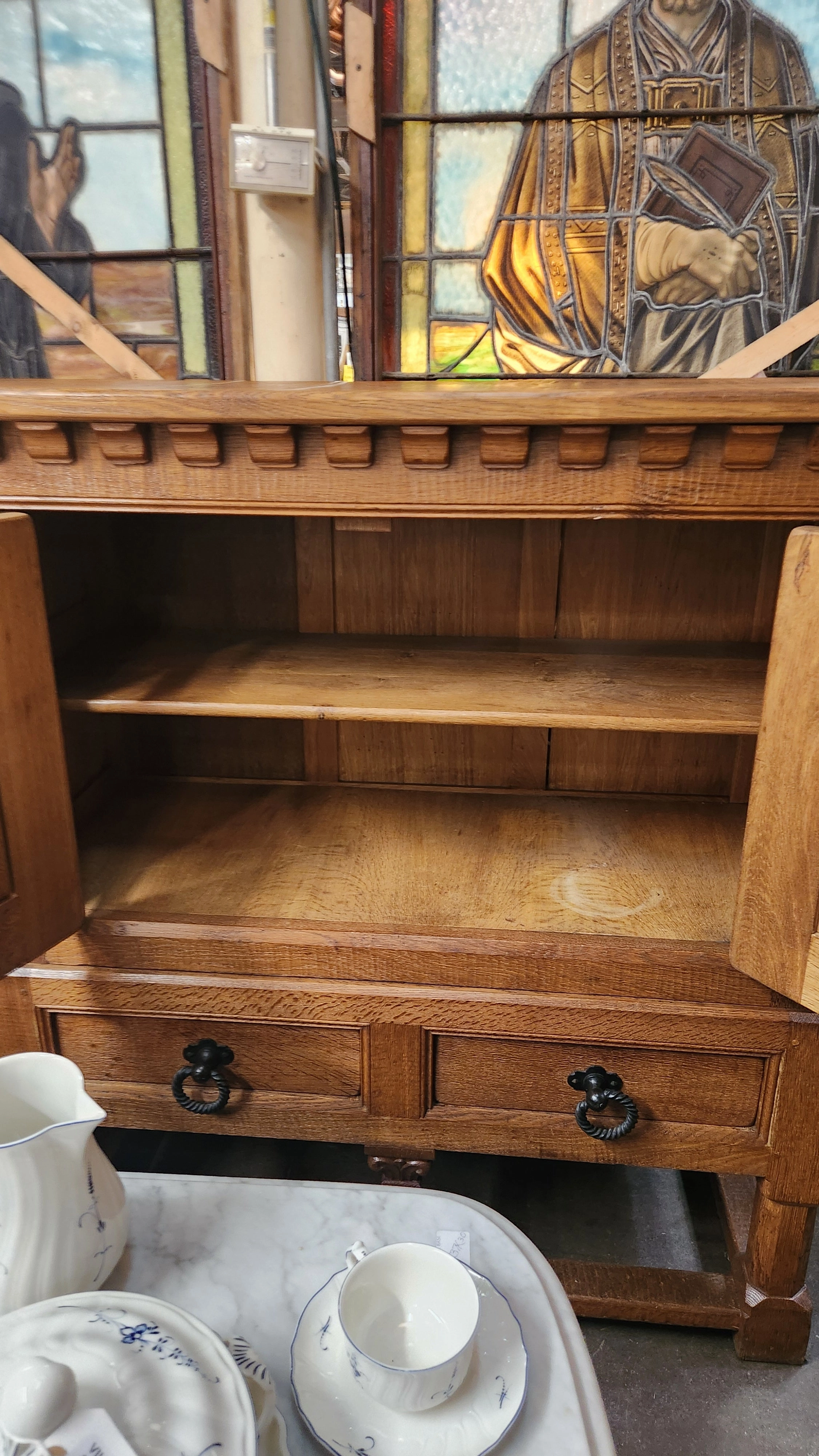 LONG 4 DOOR RUSTIC ARCH DOOR OAK CABINET ON LEGS