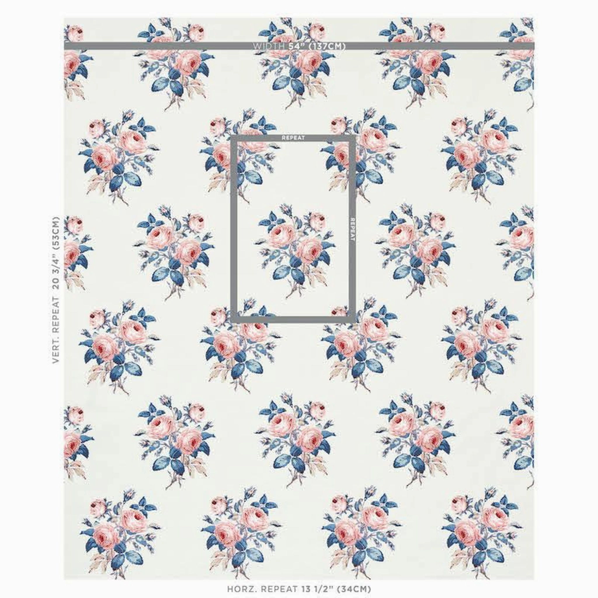 Loudon Rose Wallpaper in Rose and Blue