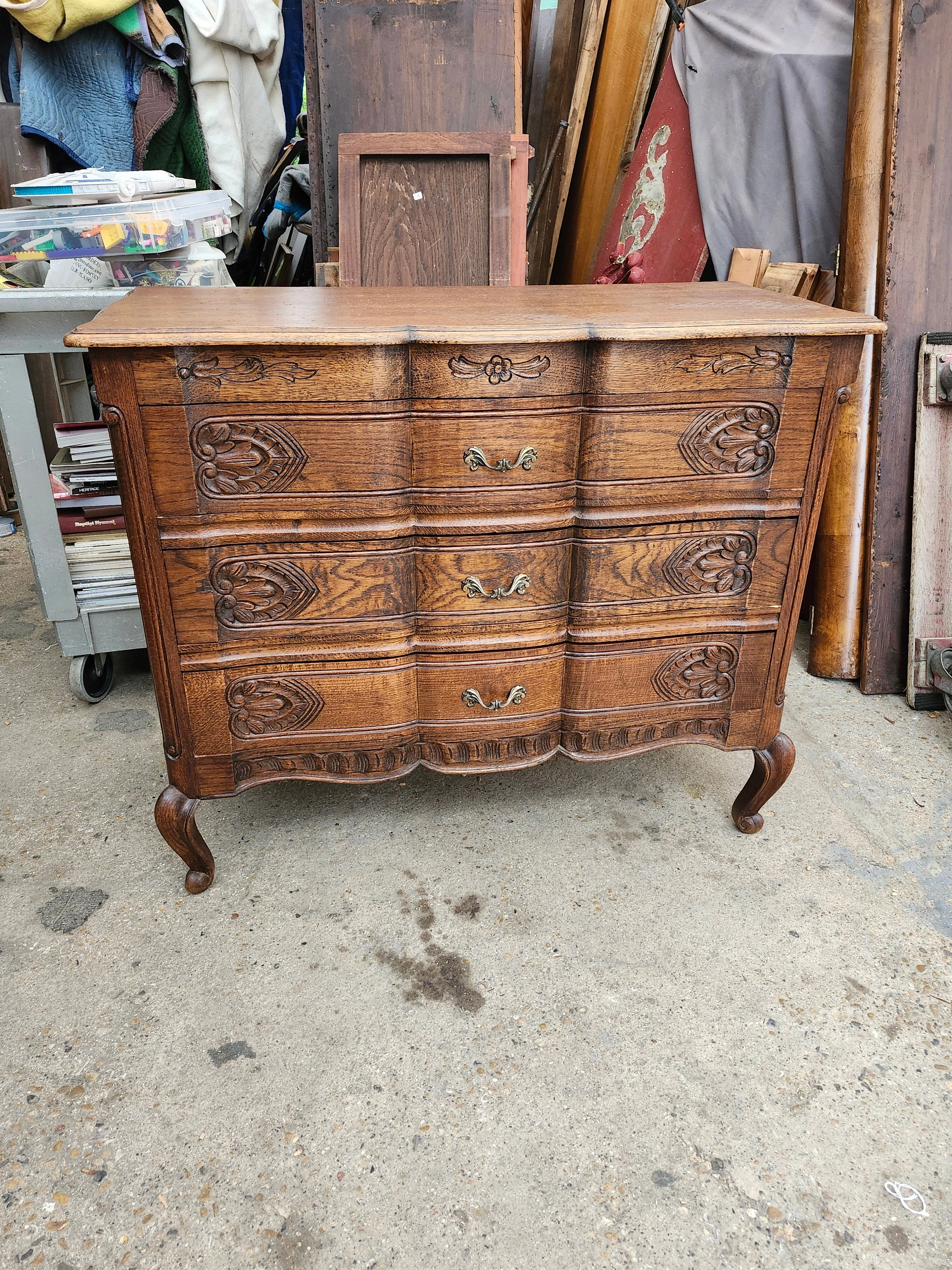 LOUIS XV CARVED OAK 3 DRAWER COMMODE