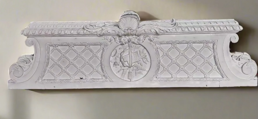 LOUIS XV PAINTED CHALK PEDIMENT WITH MUSIC INSTRUMENTS artistic wall mural