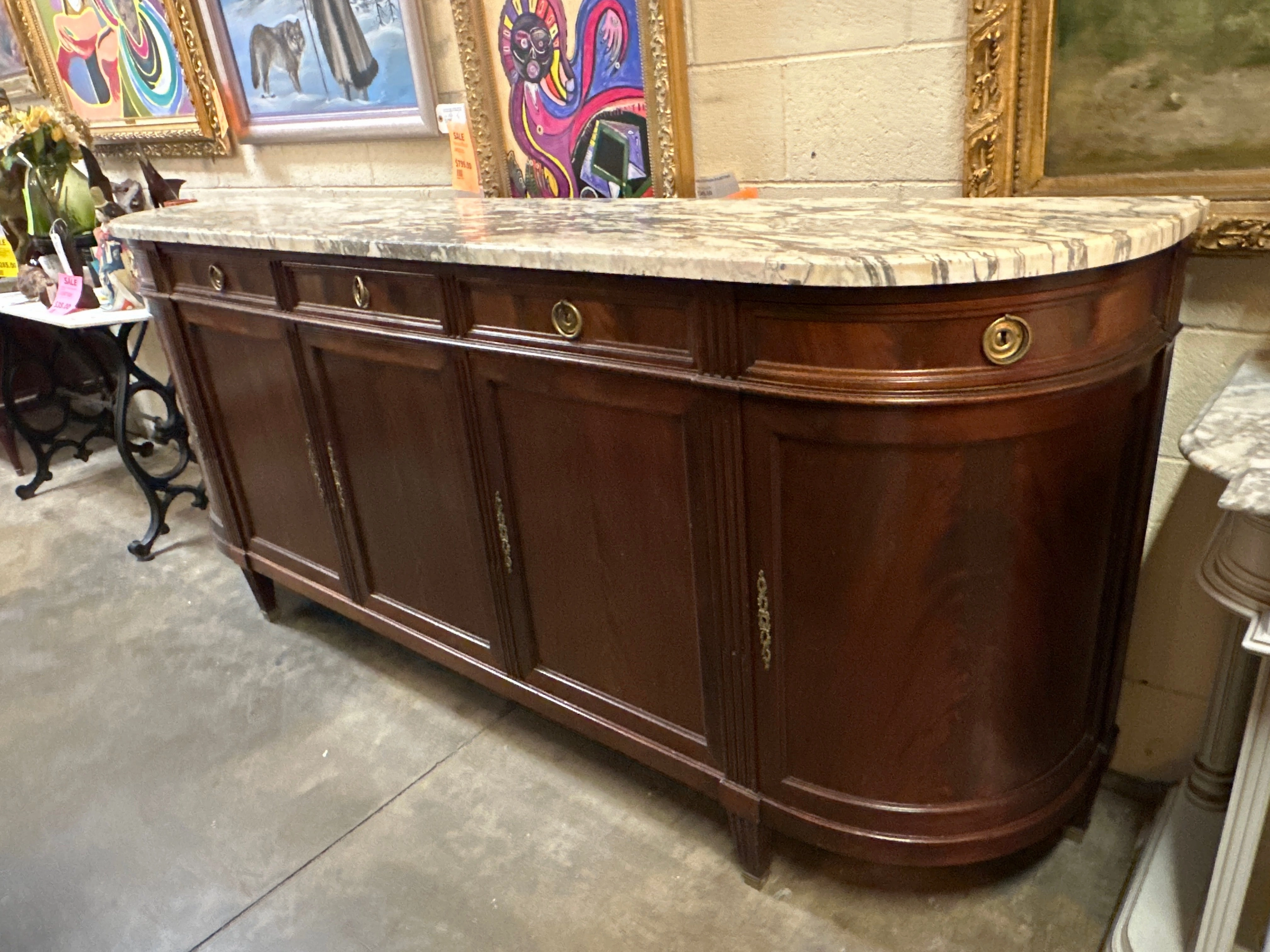 LOUIS XVI CURVED END SIDEBOARD WITH GREY AND WHITE MARBLE TOP artistic wall mural