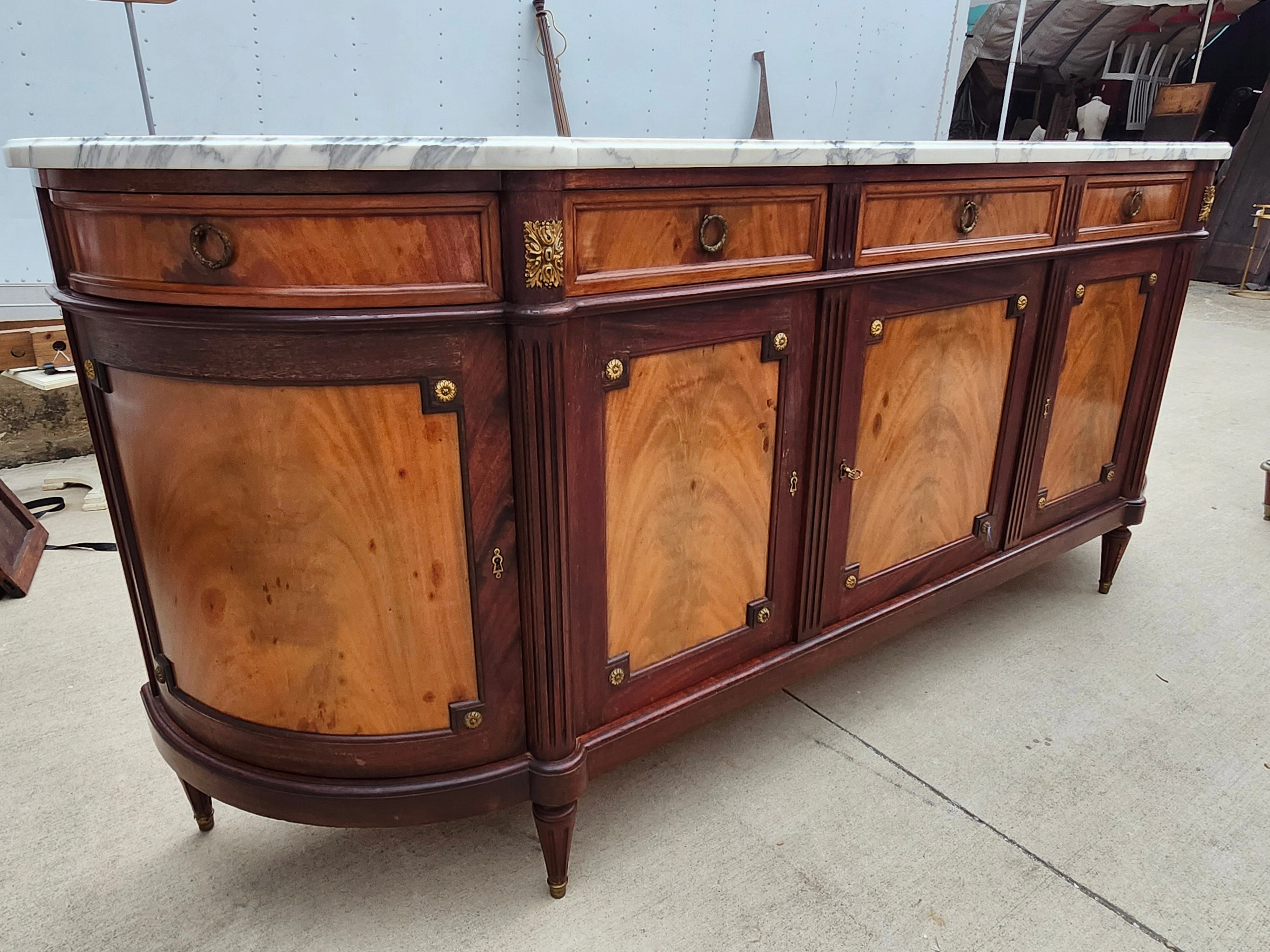 LOUIS XVI DEMILUNE MARBLE TOP MAHOGANY SIDEBOARD