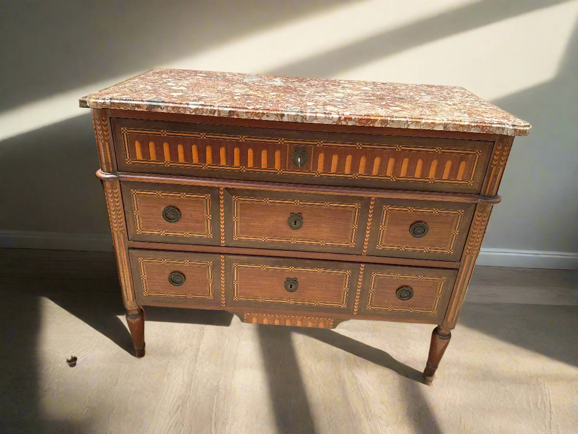 LOUIS XVI PUDDING MARBLE TOP 3 DRAWER INLAID CHEST artistic wall mural