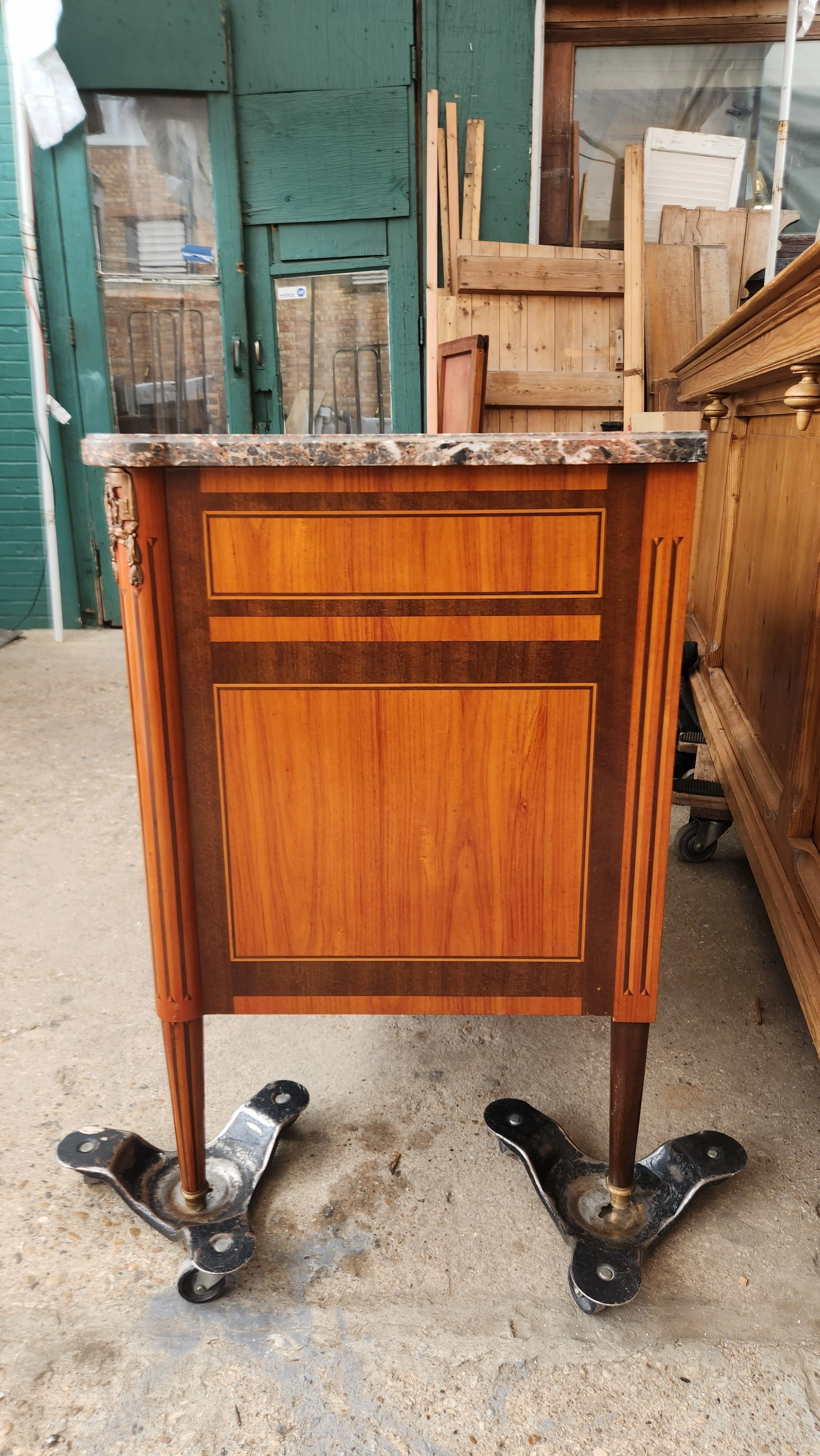 LOUIS XVI PUDDY MARBLE TOP WIDE CHEST WITH DRAWERS WITH BANDING AND PULLOUT DESK