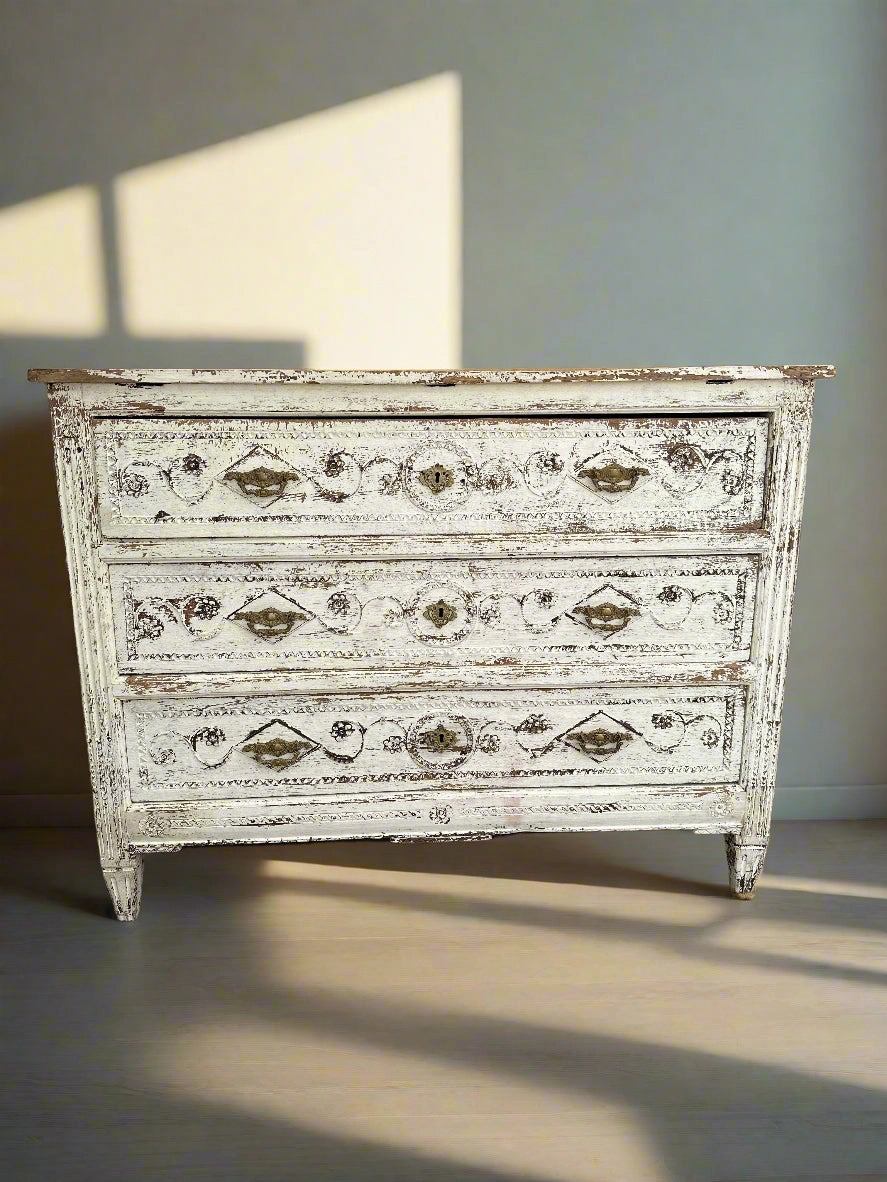 LOUIS XVI STYLE WHILE DISTRESSES PAINTED OAK 3 DRAWER CHEST artistic wall mural