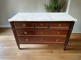 LOUIS XVI WHITE MARBLE TOP 3 DRAWER CHEST WITH BRONZE ORMOLU AND FLUTING MISSING SABOT ON FOOT artistic wall mural