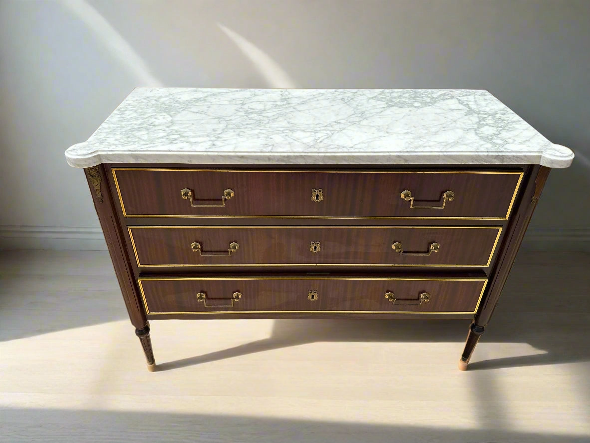 LOUIS XVI WHITE MARBLE TOP LOW 3 DRAWER CHEST WITH BAIL PULLS artistic wall mural