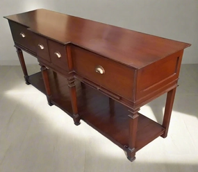 LOW RUSTIC DARK OAK CONSOLE WITH BIN PULLS artistic wall mural