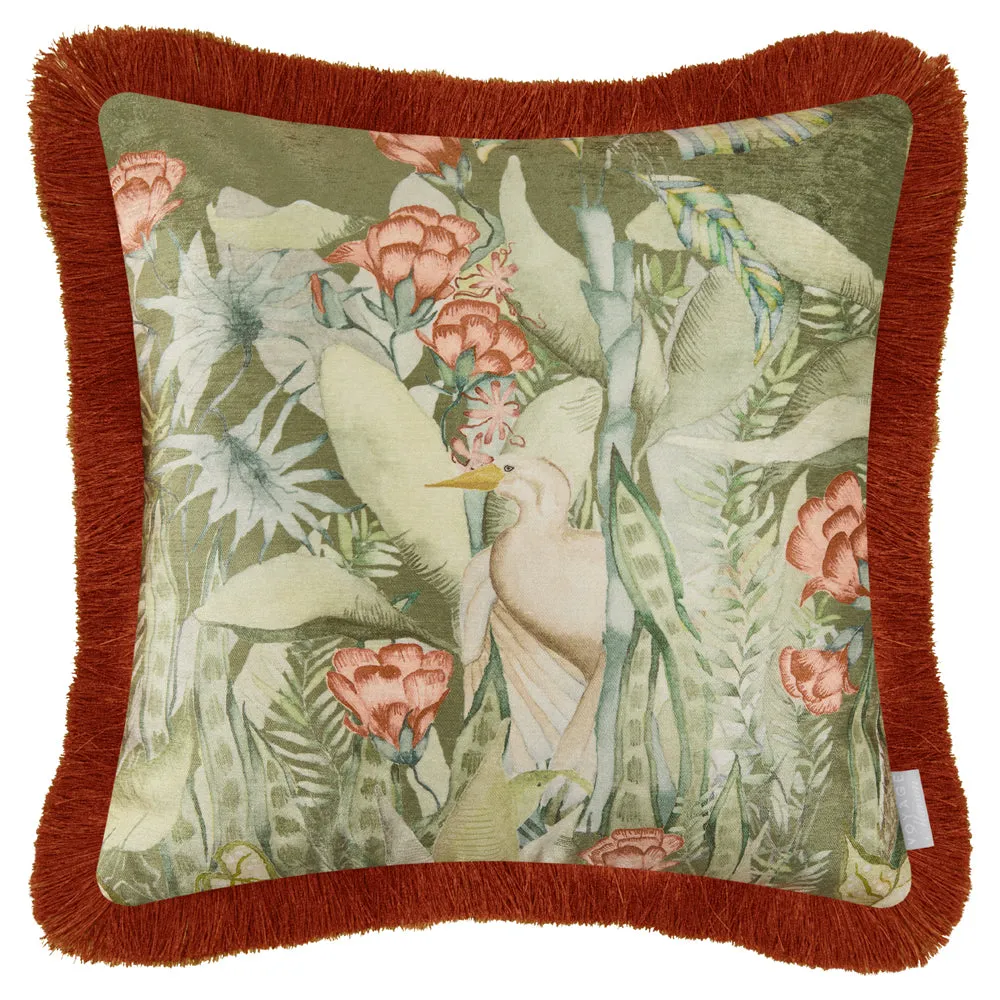 Mangrove Fringed Velvet Cushion Moss