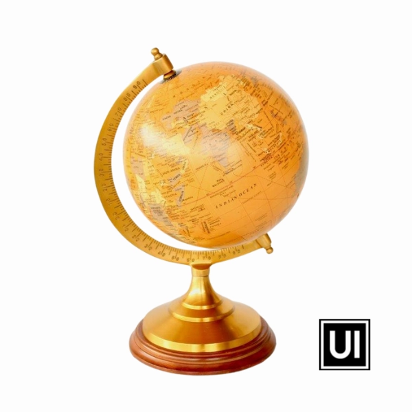 MEDIUM BRASS & MUSTARD WORLD GLOBE 33X22CM