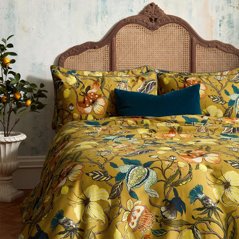 Morton Floral Printed Cotton Sateen Piped Duvet Cover Set Ochre