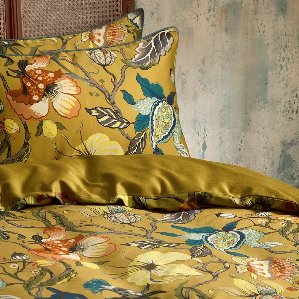 Morton Floral Printed Cotton Sateen Piped Duvet Cover Set Ochre
