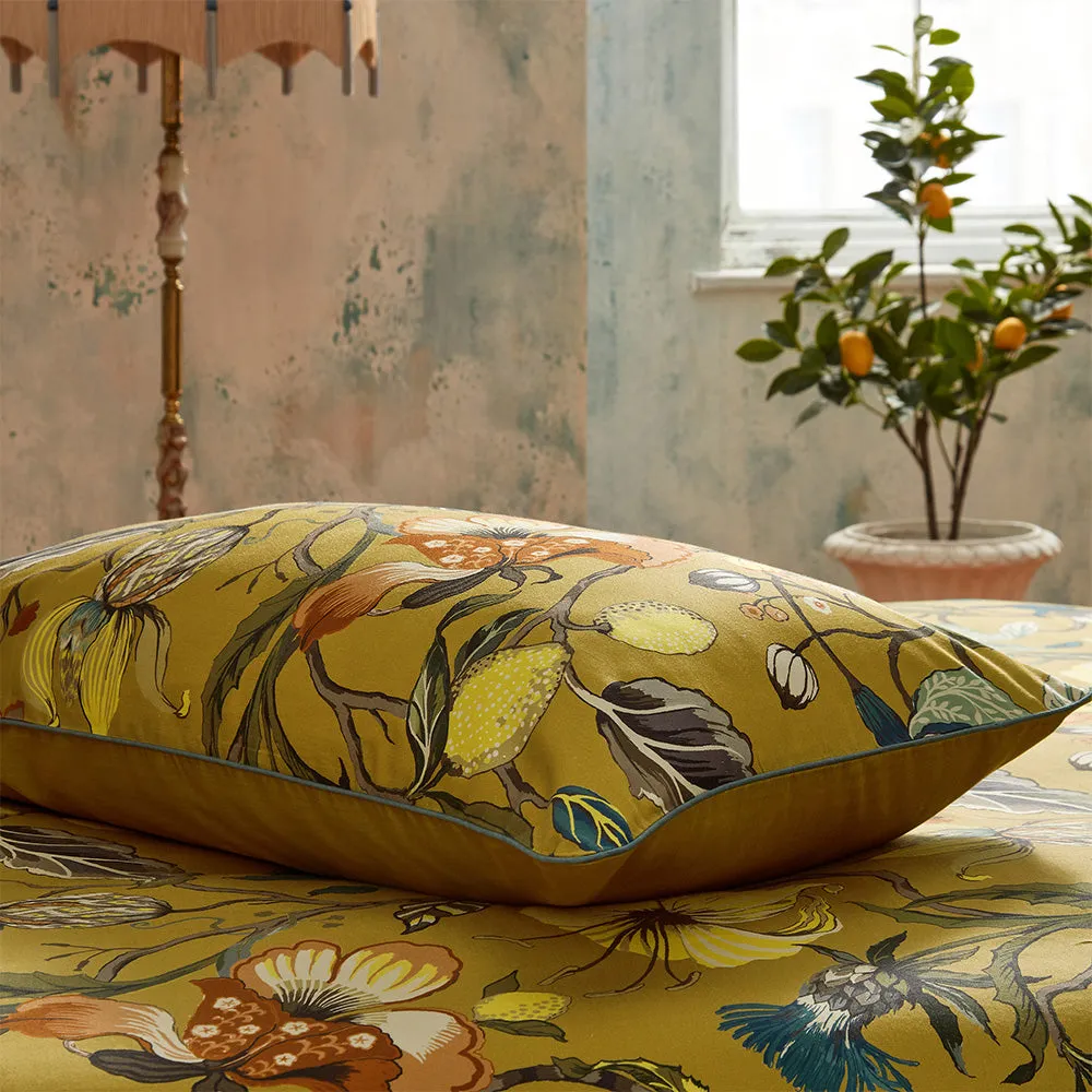 Morton Floral Printed Cotton Sateen Piped Pillowcase Pair Ochre