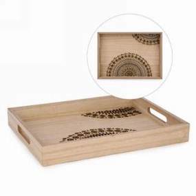 Natural Wood Tray with Carved Motif wall pendant decor