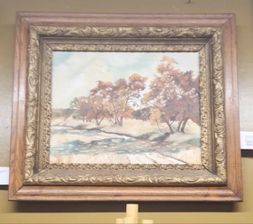 OAK AND GESSO FRAMED AUTUMN TRESS BY ROAD OIL PAINTING SIGNED 1980 BY MAUDE WATERS artistic wall mural