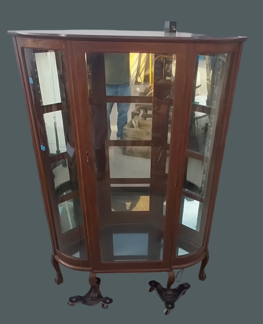 OAK CORNER CHINA DISPLAY WITH PAW FEET CIRCA 1920