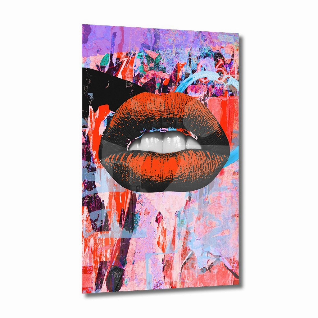 Orange Art Lips Neon on acrylic glass framed mural artwork