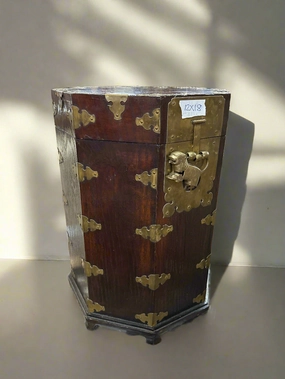 ORIENTAL WOODEN HAT BOX WITH BRASS DECOR artistic wall mural