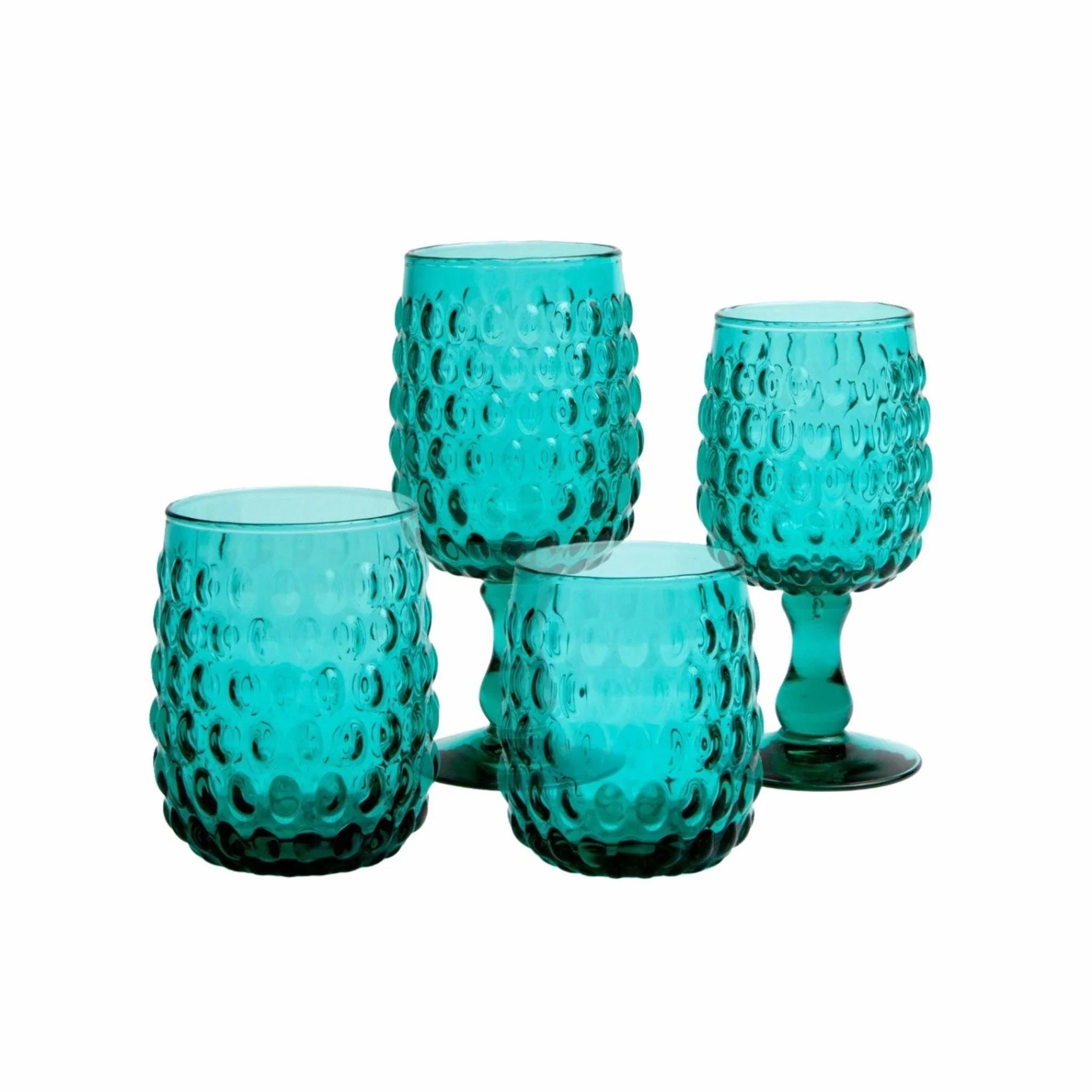 Oval Beaded Hand Blown Water Goblets in Teal
