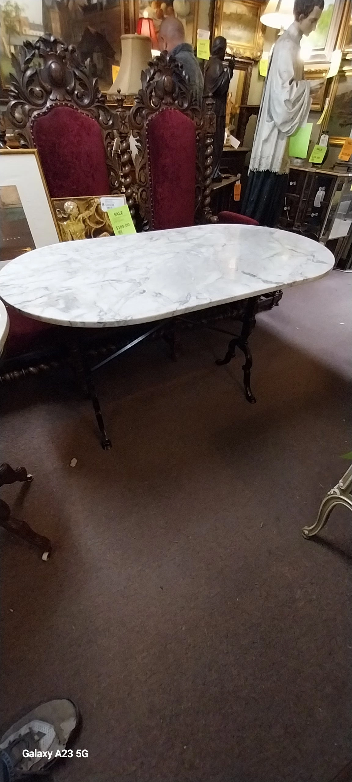 OVAL MARBLE TOP METAL BASE PUB TABLE