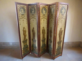 PAINTED CLASSICAL WALNUT 5 PANEL SCREEN ON CASTERS artistic wall mural