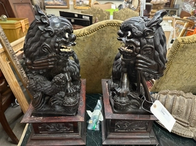 PAIR OF CARVED WOOD FOO DOGS ON BASES artistic wall mural