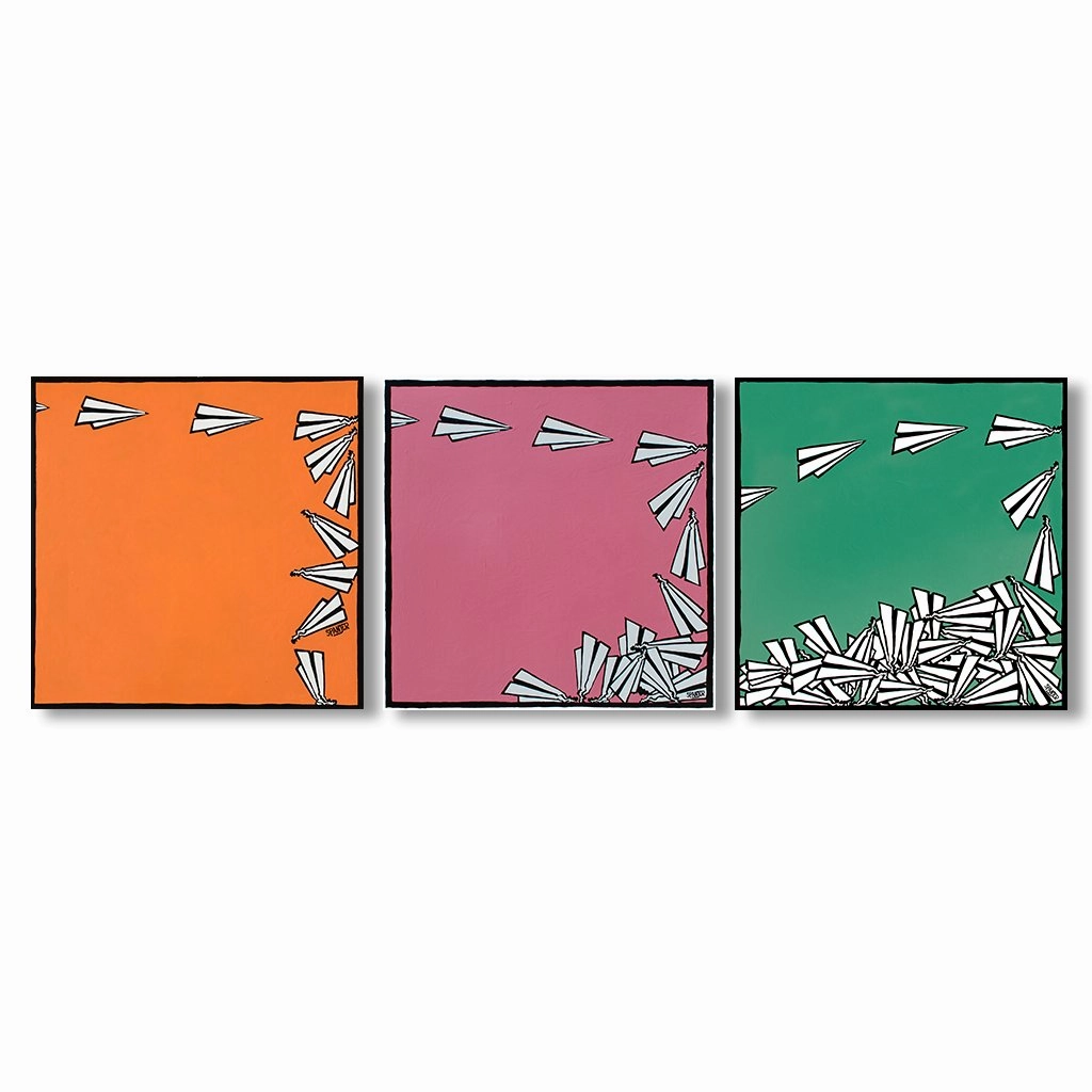 Paperplanes - Triptych by Spanjer framed mural artwork