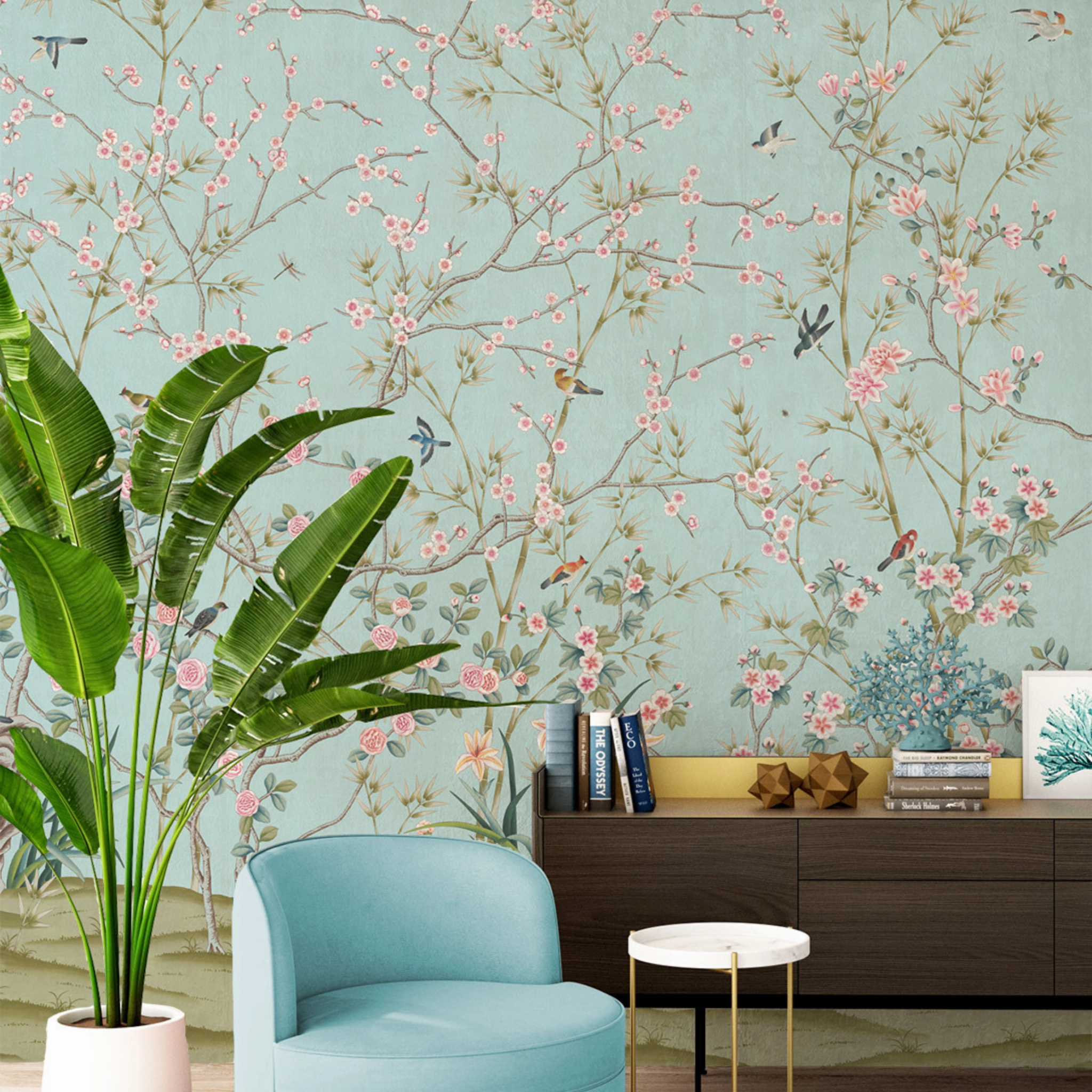 Parc Bonaire Chinoiserie Mural Wallpaper Panels in Aegean