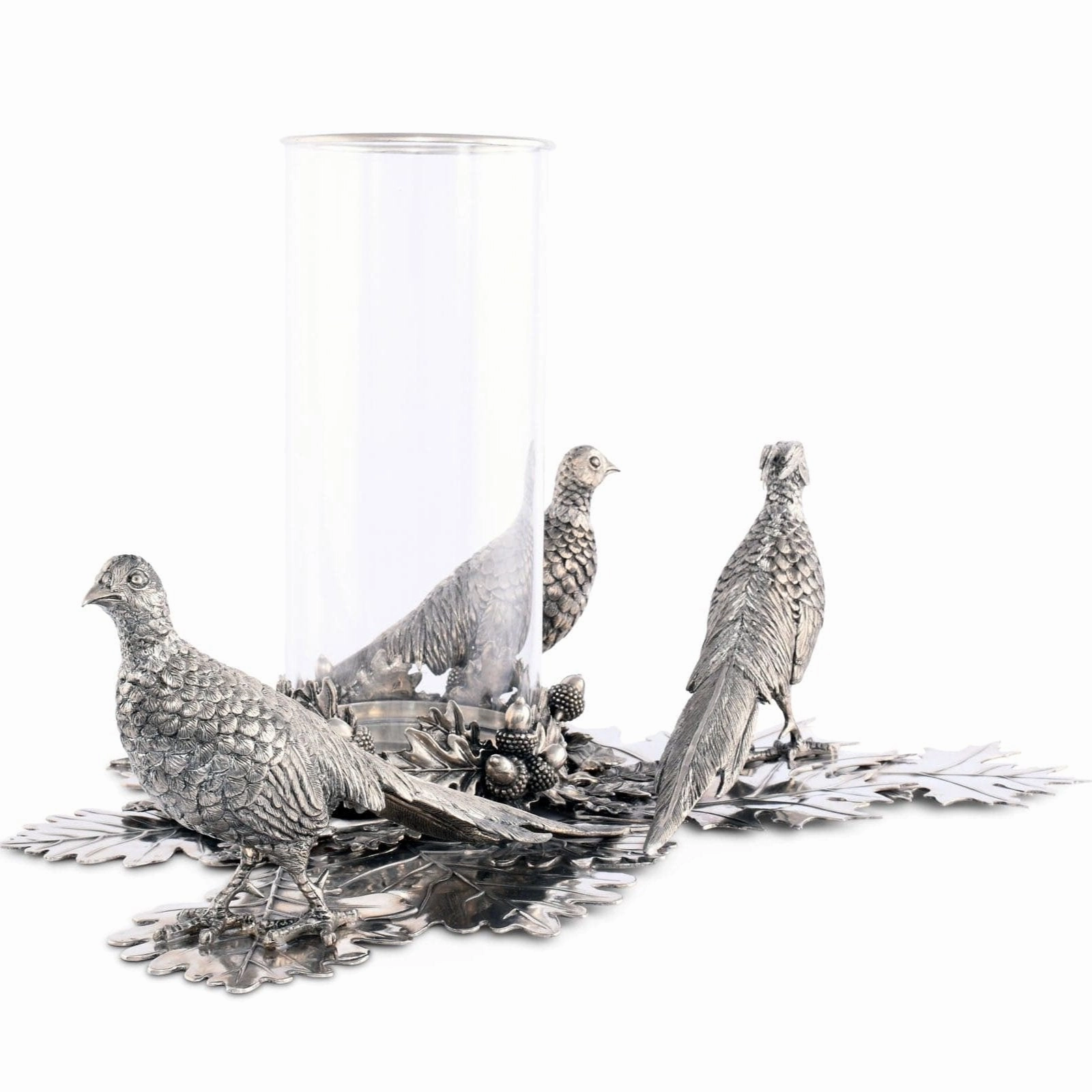 Pewter Pheasants Pillar Hurricane Centerpiece