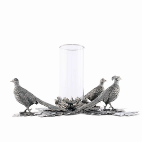 Pewter Pheasants Pillar Hurricane Centerpiece mini desktop sculpture