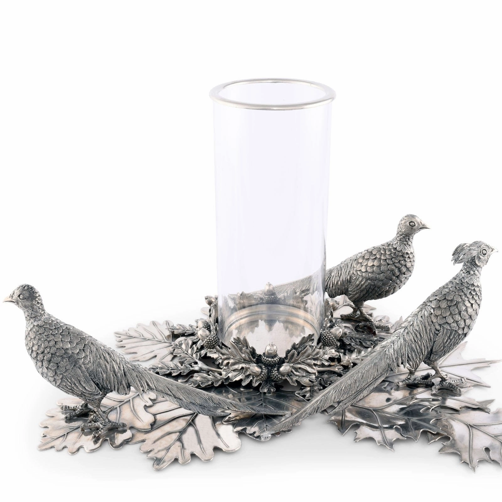 Pewter Pheasants Pillar Hurricane Centerpiece