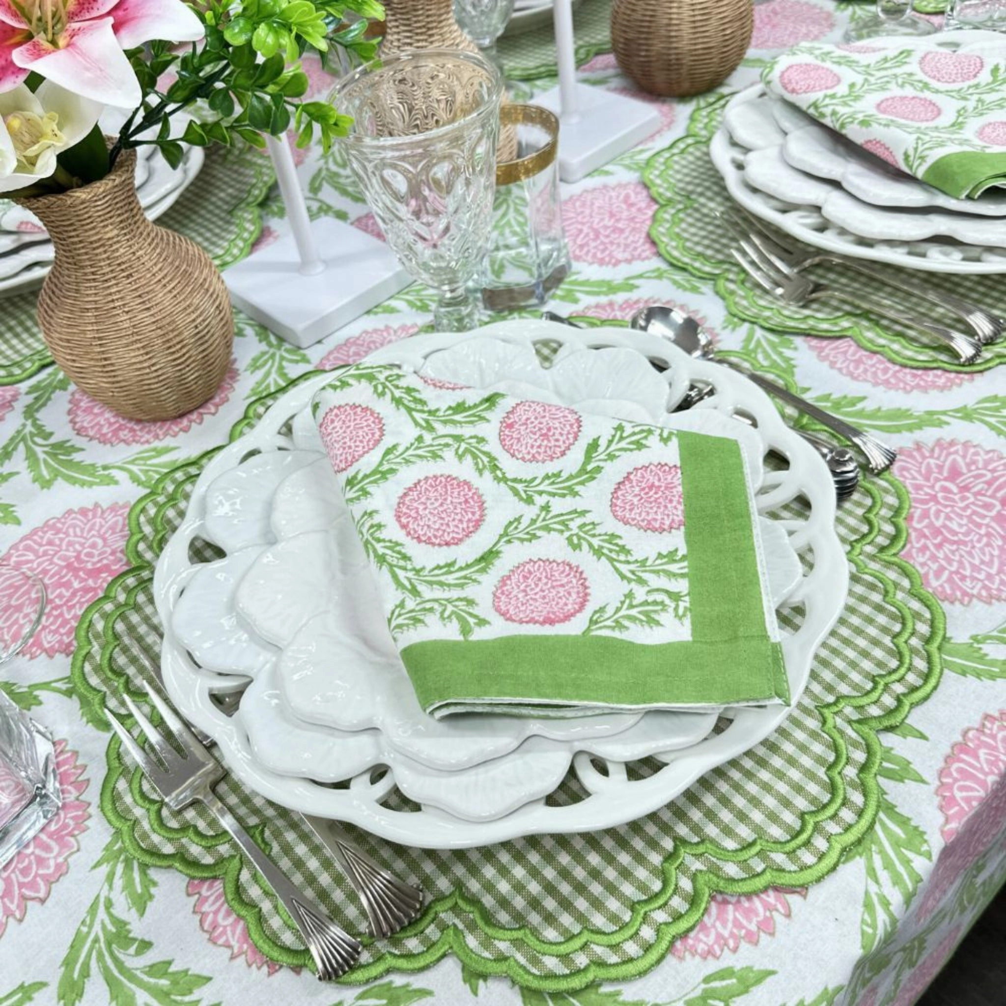 Pink and Green Flowers & Vines - Napkin, Set of 4