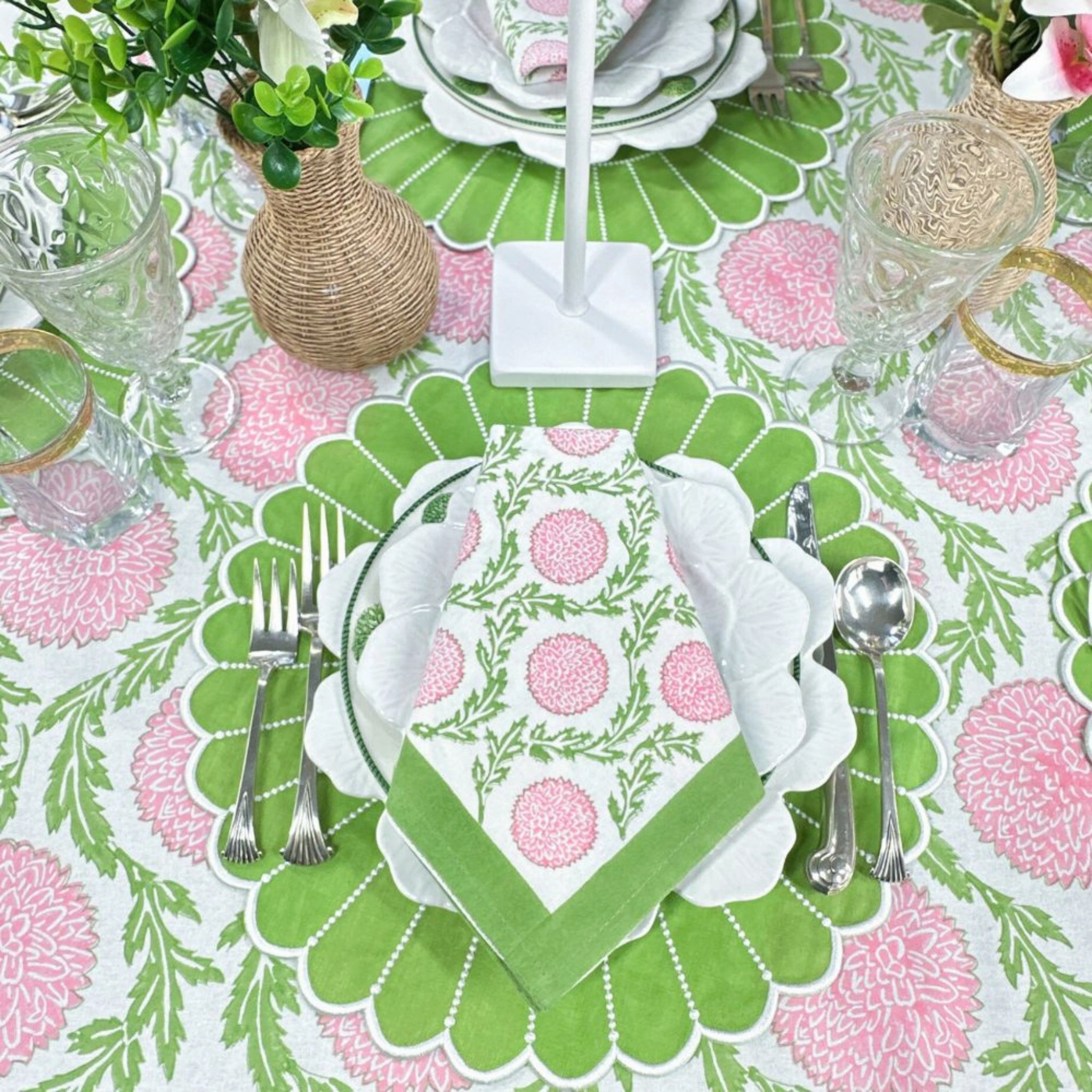 Pink and Green Flowers & Vines Tablecloth